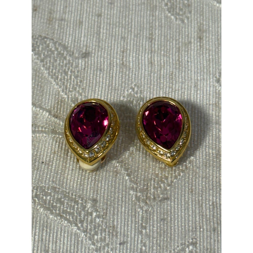 Vintage Swarovski Gold Tone Magenta Crystal Rhinestone Clip-On Earrings